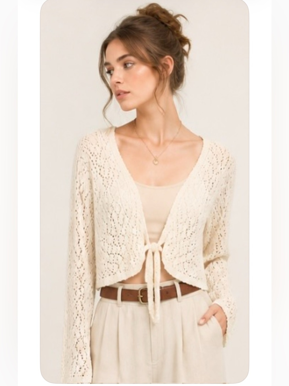 APRIL CORNELL Cardigan Sweater Crocheted Ivory Tie Long Sleeves NWT Medium